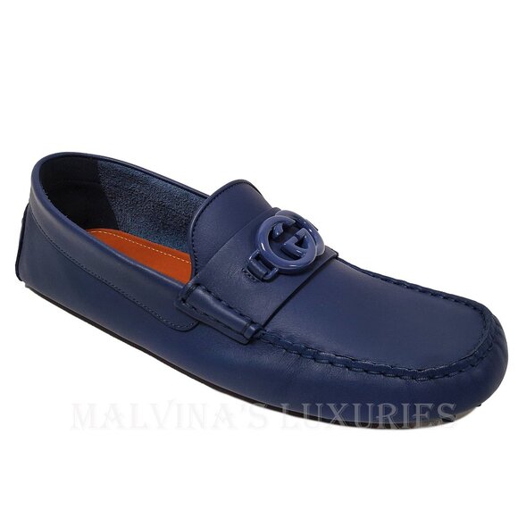 GUCCI SHOES MENS LOAFERS MOCCASINS G LOGO BLUE LEATHER - Picture 6 of 16